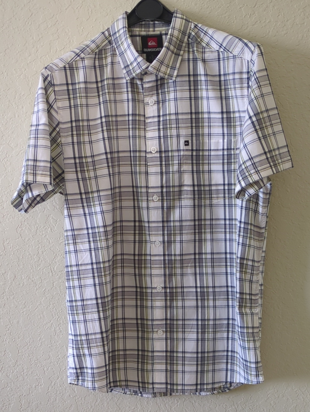 Quiksilver Men’s White Plaid Button-Down Shirt with Blue and Yellow Stripes